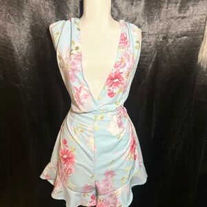 Light Blue Floral Wrap Romper | Cottagecore Summer Playsuit Size small